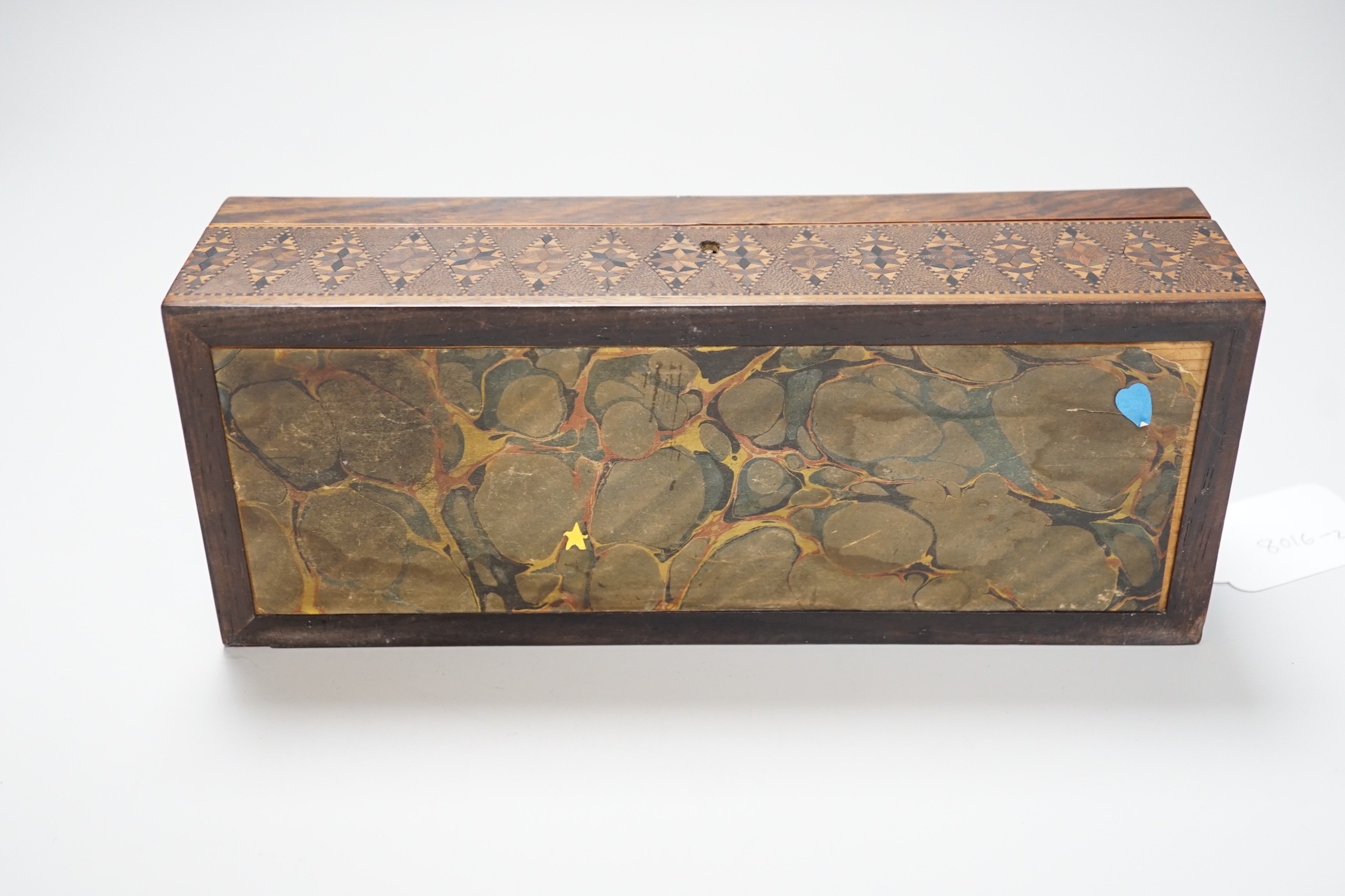 A Tunbridge ware rosewood half square mosaic and butterfly mosaic glove box, c.1830-50, 24cms wide x 6.5 high